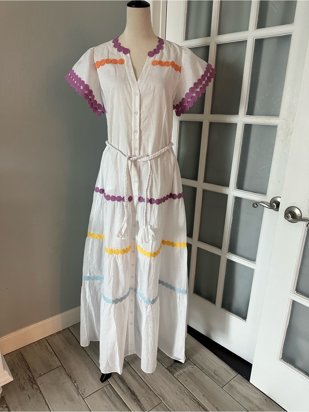 Hale Bob White Maxi Dress with Purple, Yellow & Light Blue Trim